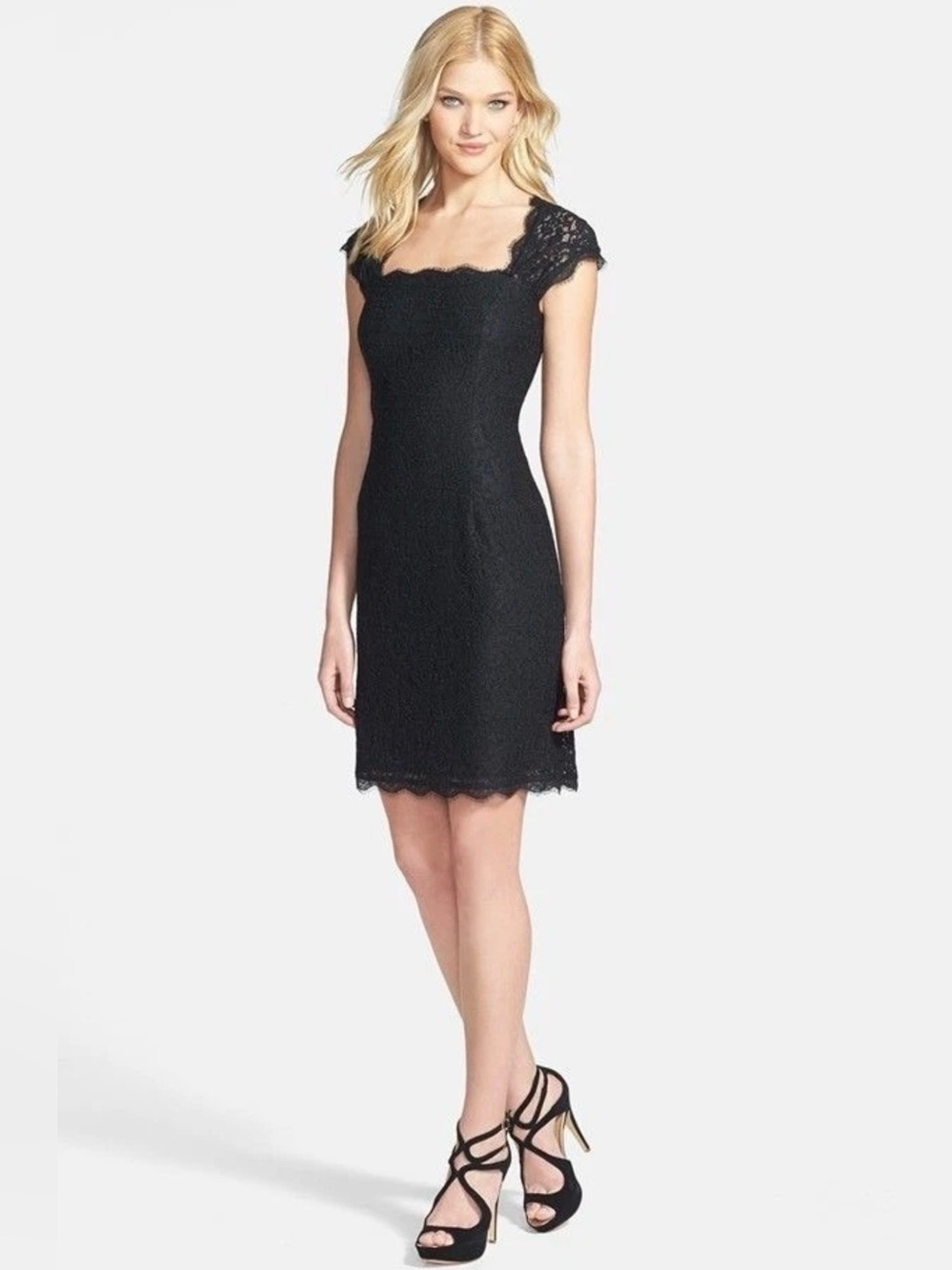 Adrianna Papell Black Lace Midi Dress with Cap Sleeves Sz6